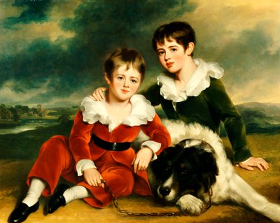 Retrato de dos niños con su perro Terranova de Ramsay Richard Reinagle
