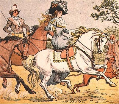 Una dama elegante en un caballo blanco de Ride a Cock Horse to Banbury Cross de Randolph Caldecott