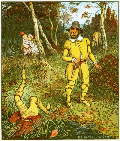 "Y el que era de ánimo más suave, mató al otro allí", ilustración de Babes in the wood de Randolph Caldecott