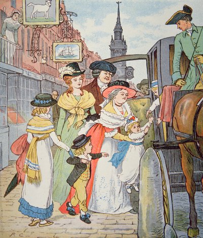Vida familiar en la América colonial - Escena callejera en Boston de Randolph Caldecott