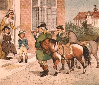 Ilustración de Ride-a-cock-horse to Banbury Cross (Llevando caballos a los niños) de Randolph Caldecott
