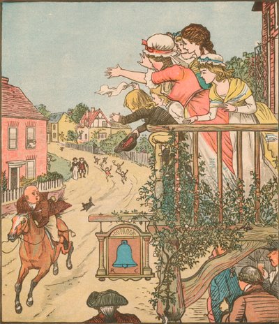 John Gilpin galopa más allá del Bell Inn mientras su esposa e hijos saludan desde el balcón de Randolph Caldecott