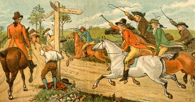 John Gilpin en su caballo desbocado siendo perseguido por transeúntes de Randolph Caldecott