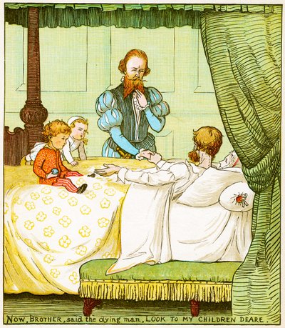 "Ahora, hermano, dijo el moribundo, cuida de mis queridos hijos", ilustración de Babes in the wood de Randolph Caldecott