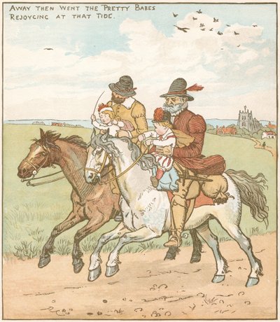 Los bebés (o niños) del bosque. Niños huérfanos llevados para ser asesinados por rufianes contratados por el malvado tío. Ilustración de Randolph Caldecott (1846-86) para la balada de c1600. de Randolph Caldecott