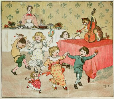 El Gato y el Violín y la Fiesta Infantil, ilustración de Hey Diddle Diddle de Randolph Caldecott