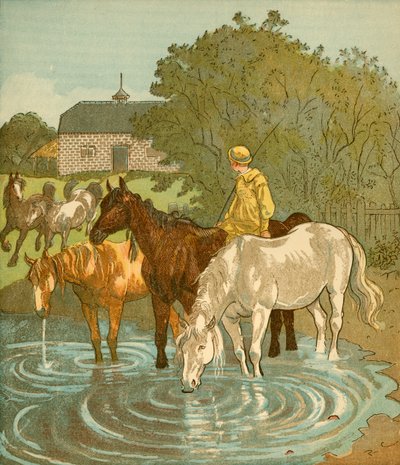 El Niño del Granjero regando caballos, c. 1881 de Randolph Caldecott