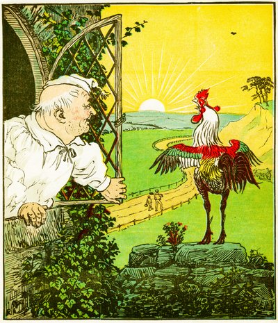 "Este es el gallo que cantó en la mañana, que despertó al juez todo afeitado y recortado", ilustración de La casa que Jack construyó de Randolph Caldecott