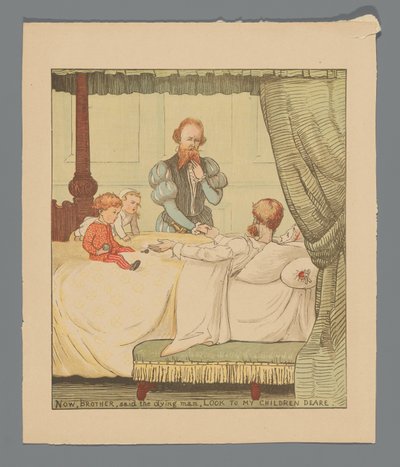 Zwei Kinder und ein Mann an einem Krankenbett de Randolph Caldecott