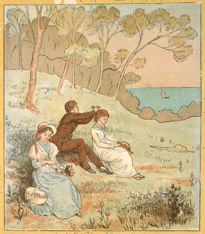 Dos mujeres y un hombre sentados en un claro cerca de la costa. de Randolph Caldecott
