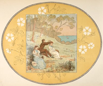 Dos mujeres y un hombre sentados en un claro cerca de la costa. Borde floral. de Randolph Caldecott