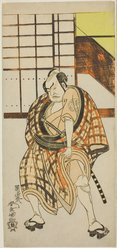 El actor Nakamura Sukegoro II como Sasano Sangobei en la segunda parte de la obra Iro Moyo Aoyagi Soga (Soga del Sauce Verde de Diseño Erótico), representada en el Teatro Nakamura en el segundo mes, 1775 de Rantokusai Shundo