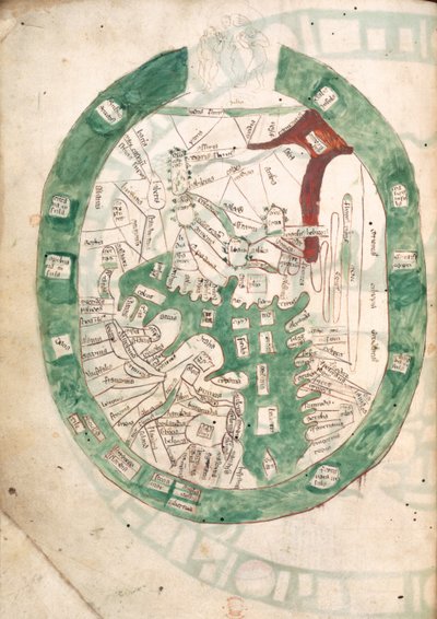 Mapa del mundo, f.2v de Polychronicon, c.1400 (vitela) de Ranulf Higden