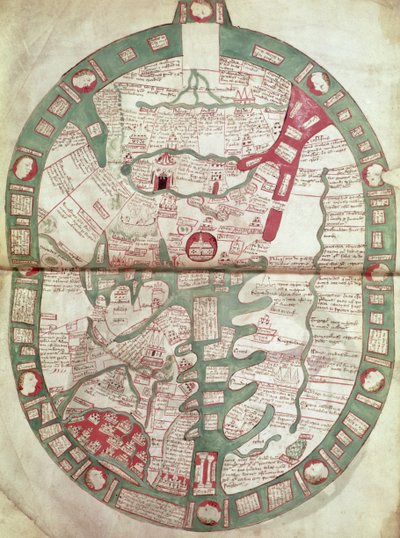 Roy.Ms.14 C. f.1 1v-2r Mapa del mundo con Jerusalén como centro, Polychronicon, c.1380 (vitela) de Ranulf Higden