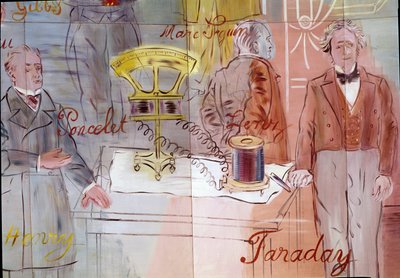 La Fee Electricite, detalle: Retratos de Jean Victor Poncelet, Marc Seguin, Michael Faraday. 1937 (pintura) de Raoul Dufy