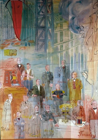 La Fee Electricite, detalle: Retratos de diferentes intelectuales y científicos: Antonio Pacinotti, Zenobe Gram, Josiah Willard Gibbs, Charles Algernon Parsons, Marc Seguin, Auguste Camille Rateau, Jean Victor Celet y Michael Faraday. 1937 (pintura) de Raoul Dufy