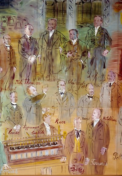 La Fee Electricite, detalle: Retratos de diferentes intelectuales y científicos: Jules Francois Joubert, Elihu Thomson, Ernst Werner Siemens, Charles Proteus Steinmetz, Marcel Deprez, Gaston Plante, Gabriel Lippmann, John Kerr, Maurice Leblanc, Humphrey Da de Raoul Dufy