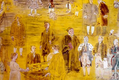 La Fee Electricite, detalle: Retratos de diferentes científicos: Henry Cavendish, Le Monnier, Franz Aepinus, Denis Papin, Joseph Priestley, Luigi Galvani, Carl Friedrich Gauss, Simeon-Denis Poisson, Pierre Simon de Laplace y Charles de Coulomb. 1937 (pintu de Raoul Dufy