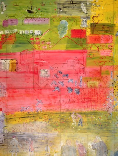 La Fee Electricite, detalle del lado derecho que representa un puerto y fábricas de Raoul Dufy
