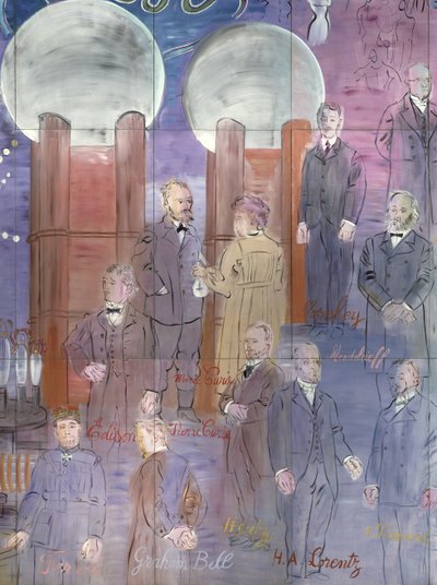La Fee Electricite, detalle del lado izquierdo que representa a científicos de Raoul Dufy
