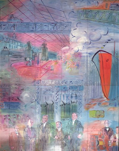La Fee Electricite, detalle de la parte izquierda que representa la siderurgia de Raoul Dufy