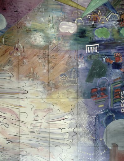 La Fee Electricite, detalle de la parte izquierda que representa varias ciudades de Raoul Dufy