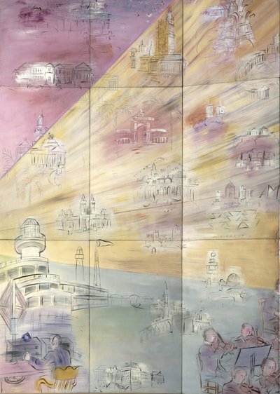La Fee Electricite, detalle de la parte izquierda que representa varias ciudades de Raoul Dufy