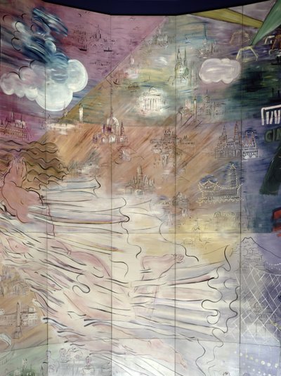 La Fee Electricite, detalle de la parte izquierda que representa varias ciudades de Raoul Dufy