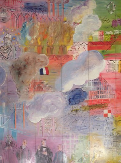 La Fee Electricite, detalle del lado derecho que representa una estación y chimeneas de fábrica de Raoul Dufy