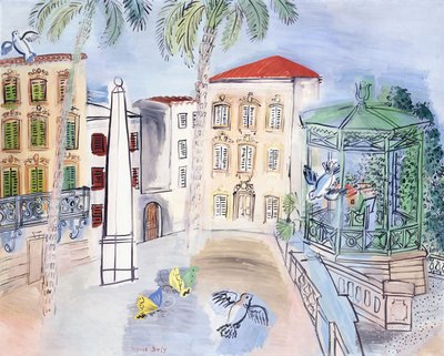 La plaza de Hyeres, con un obelisco y un quiosco de música de Raoul Dufy