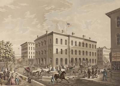Esquina noroeste de las calles Dearborn y Monroe, Chicago, mostrando el edificio de la oficina de correos en el año 1865 de Raoul Varin