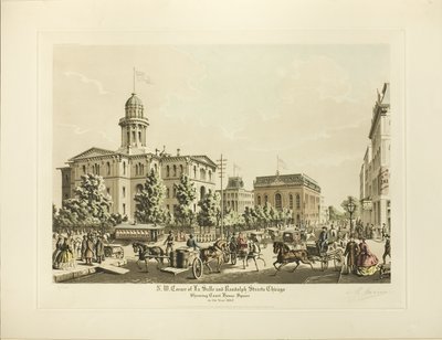 Esquina N.O. de LaSalle y Randolph, Chicago, mostrando la Plaza del Palacio de Justicia en el año 1864 de Raoul Varin