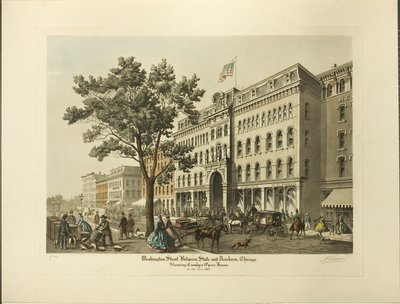 Calle Washington entre State y Dearborn, Chicago, mostrando la Ópera de Crosby en el año 1864 de Raoul Varin