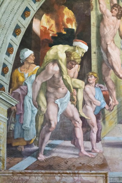El incendio del borgo, detalle que probablemente representa la huida de Eneas con su padre Anquises y su hijo Ascanio. de Raphael (1483 1520) (& studio)