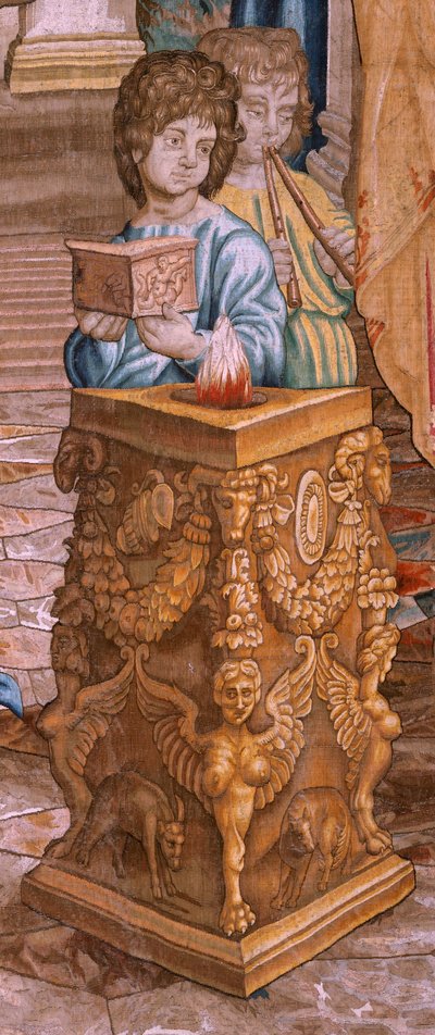 Tapiz flamenco. Serie Los Hechos de los Apóstoles. San Pablo y San Bernabé en Listra (San Pablo y San Bernabé en Listra). Octavo paño de la serie, se partió en dos para adaptarlo a la estancia. Modelo Caricatura de Rafael Sanzio. 1519. Manufactura Jan Raes de Raphael