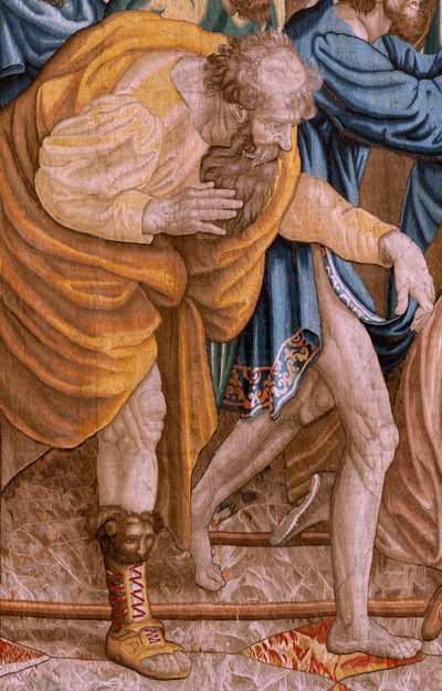 Tapiz flamenco. Serie Los Hechos de los Apóstoles. San Pablo y San Bernabé en Listra (San Pablo y San Bernabé en Listra). Octavo paño de la serie, se partió en dos para adaptarlo a la estancia. Modelo Caricatura de Rafael Sanzio. 1519. Manufactura Jan Raes de Raphael