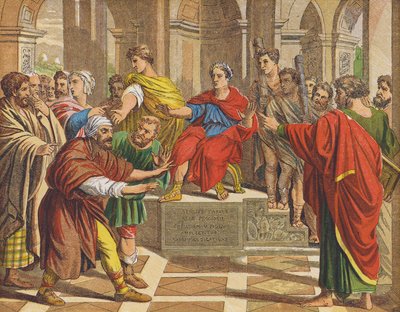 Elimas, el hechicero, ciego ante Sergio Paulo (litografía en color) de Raphael (1483 1520) (after)