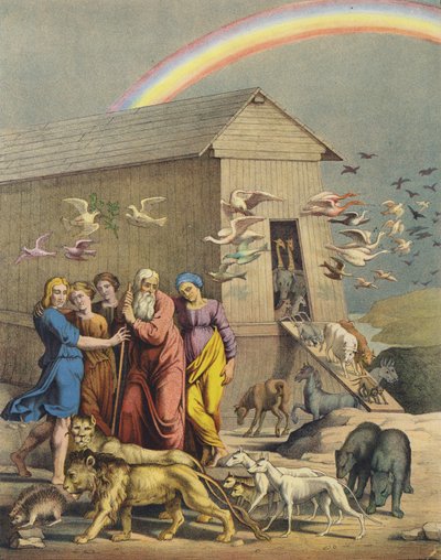 Noé, su familia y los animales emergiendo del Arca después de sobrevivir al diluvio de after Raphael