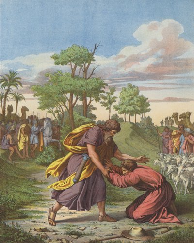 Reconciliación de Jacob y Esaú (litografía en color) de after Raphael