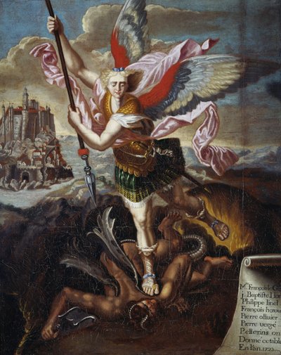 San Miguel y el Diablo, de Rafael Sanzio, exvoto de seis peregrinos en peregrinación al Monte Saint-Michel de Raphael (1483 1520) (after)