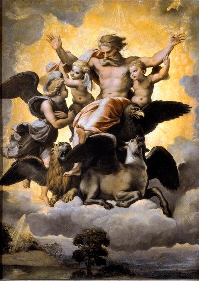 Visión de Ezequiel con el tetramorfo rodeado de querubines de Raphael