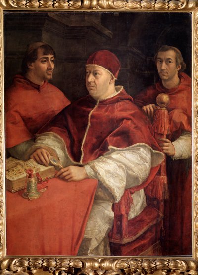 Retrato del Papa León X con el Cardenal Luis de Rossi y Giulio de Medici de Raphael