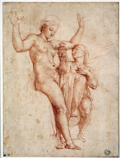 Psique presentando a Venus el agua del Estigia. Dibujo a la sanguina por Raffaello Sanzio, conocido como Rafael (1483-1520) de Raphael