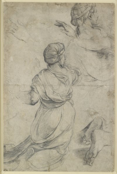 Recto: Estudios para dos mujeres arrodilladas, WA1846.198 (tiza negra) de Raphael
