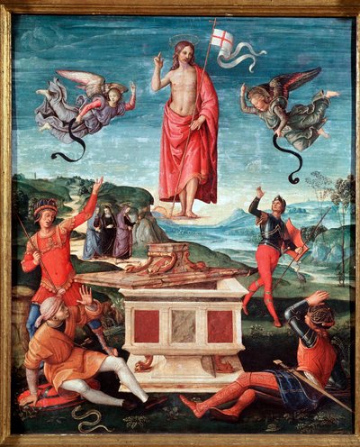 La resurrección (La resurrección de Cristo) Jesucristo tiene una cruz de palo al final de la cual ondea una bandera blanca (estandarte) con una cruz roja de Raphael