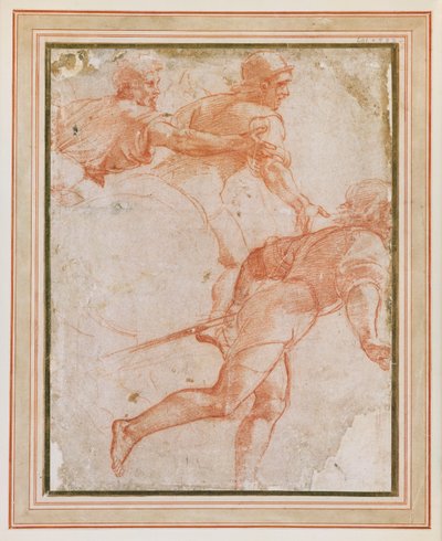Un soldado corriendo a la derecha y dos jinetes con los brazos extendidos de Raphael
