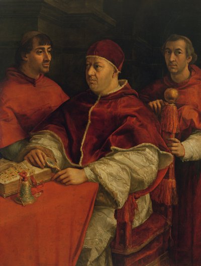 León X con los cardenales Giulio de Medici y Luigi de Rossi, 1517-18 de Raffaello Sanzio Raphael