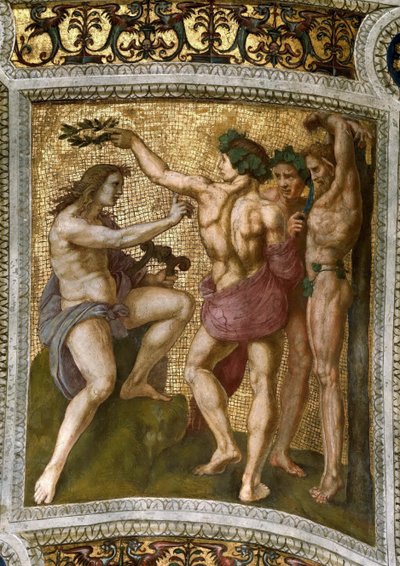 Marsias y Apolo. Fresco en el techo de la Stanza della Segnatura, ca 1510-1511 de Raphael