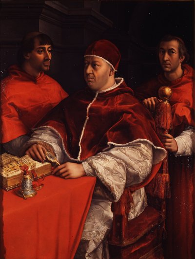Retrato del Papa León X con los Cardenales Giulio de Medici y Luigi de Rossi, ca 1518 de Raffaello Sanzio Raphael