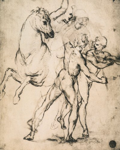 Desnudos masculinos con un caballo; dibujo de Rafael. Gallerie dell